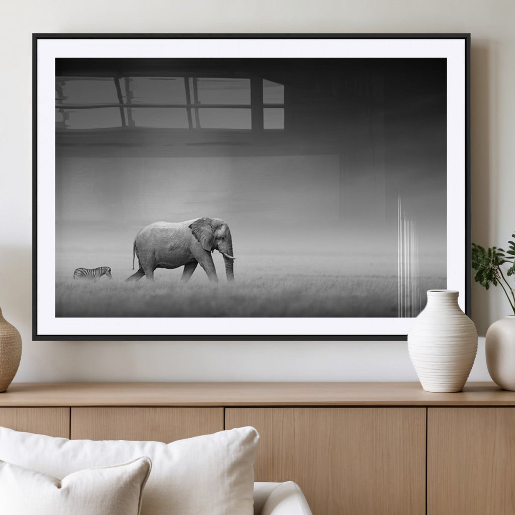 Elephant and Zebra Wall Art Canvas Print, Modern Artwork