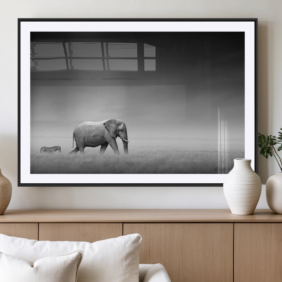 Elephant and Zebra Wall Art Canvas Print, Modern Artwork