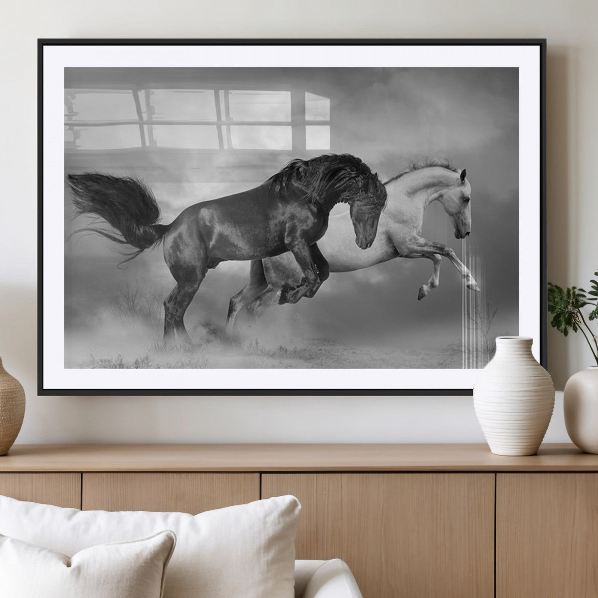 Wild Horses Wall Art Canvas Print, Framed Black and White Galloping Horses