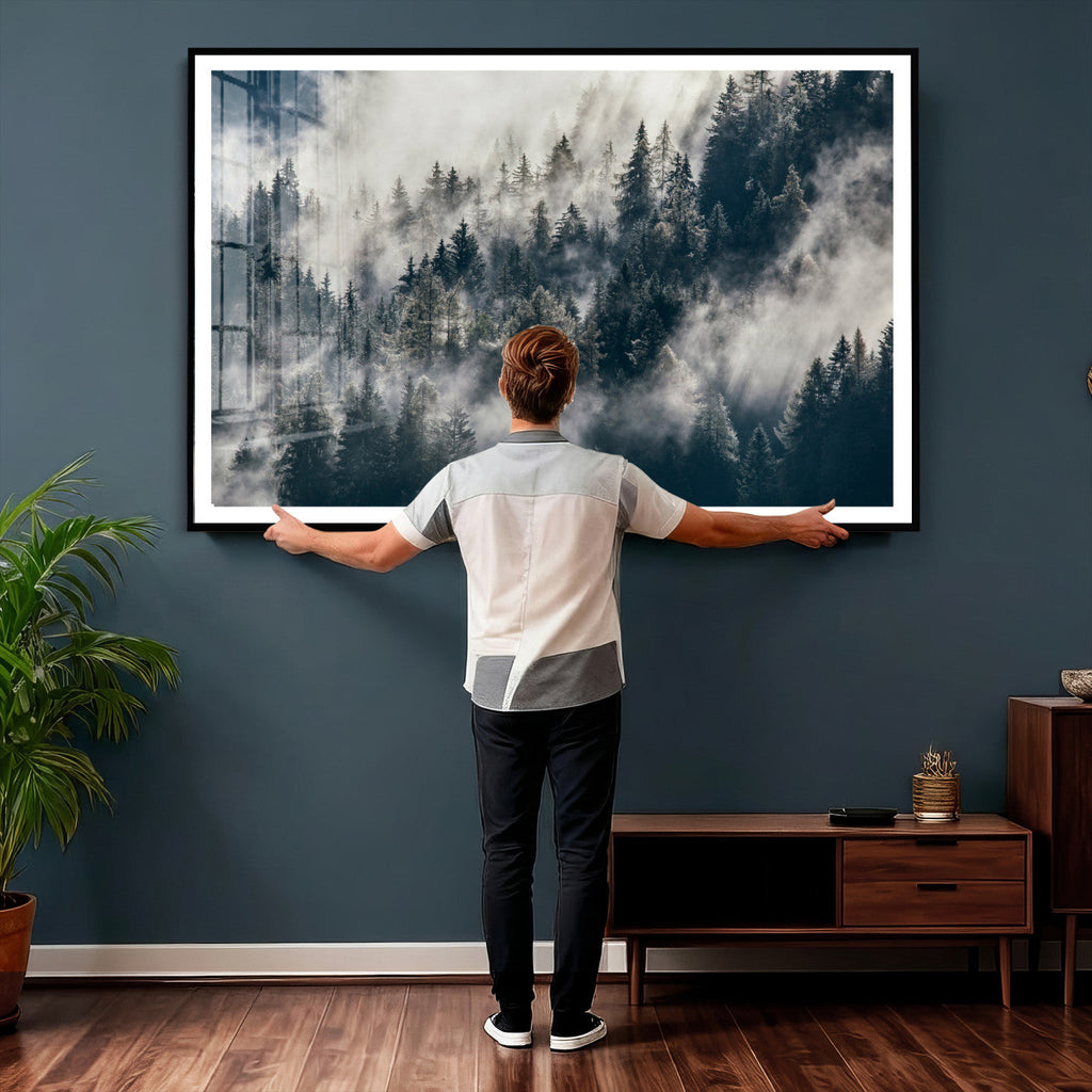 Foggy Mountain Forest Canvas Print, Misty Pine Trees Nature Wall Art