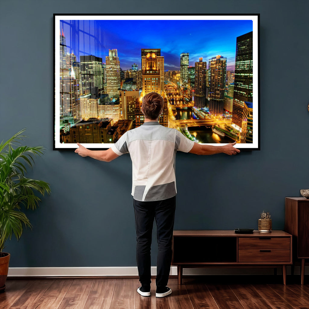 Chicago Wall Art Canvas Print - Chicago City Downtown Night Cityscape