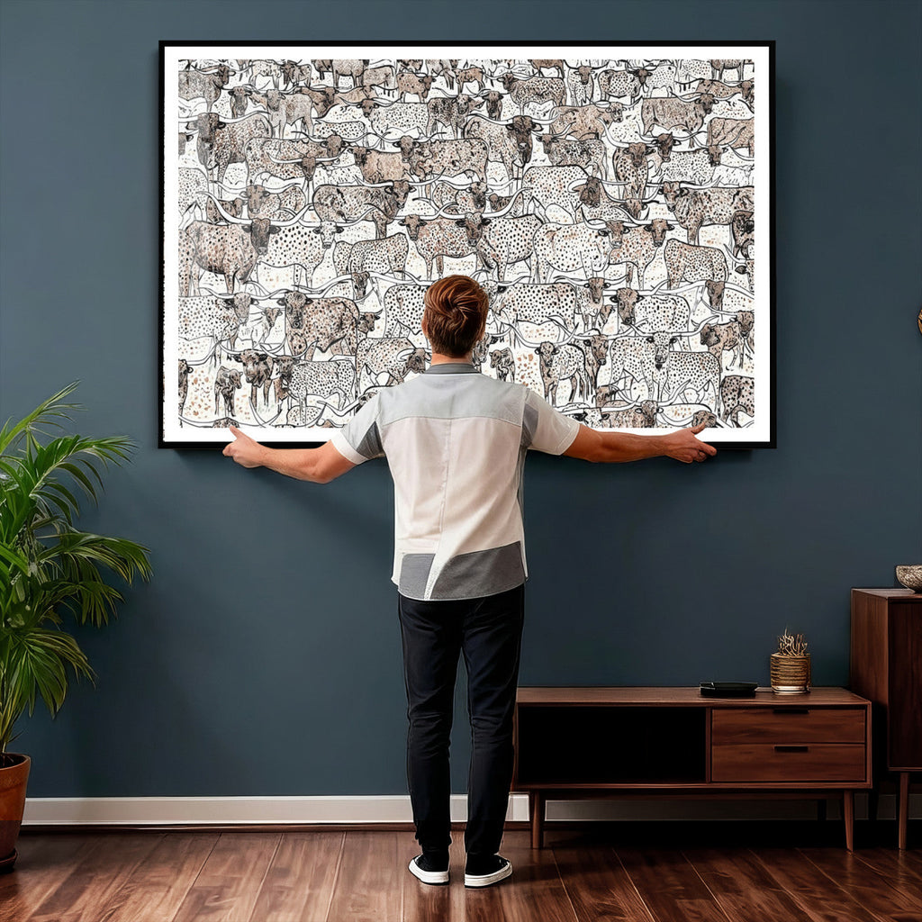 Abstract Texas Cow Wall Art Canvas Print, Farm Longhorn Art for Cabin Decor
