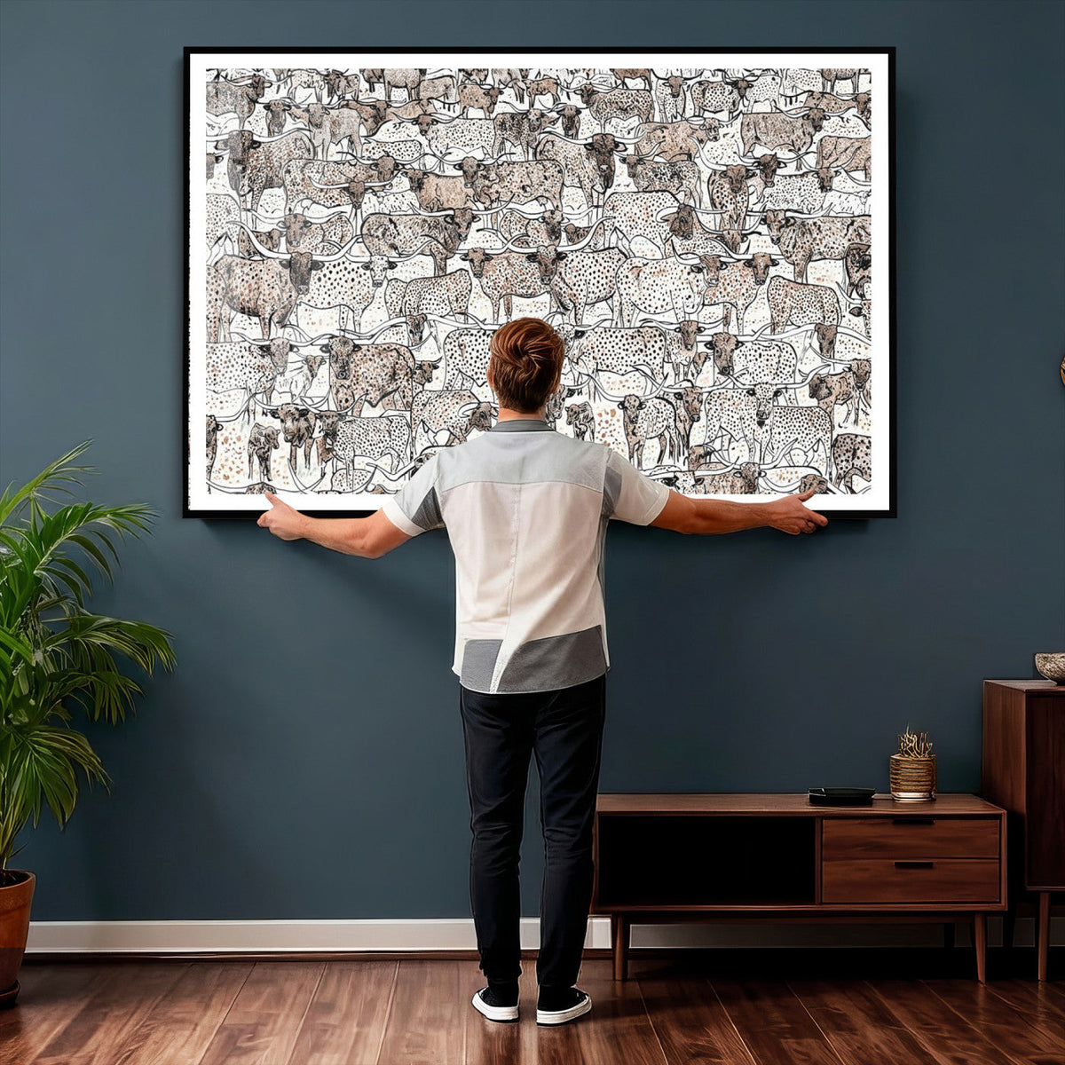 Abstract Texas Cow Wall Art Canvas Print, Farm Longhorn Art for Cabin Decor