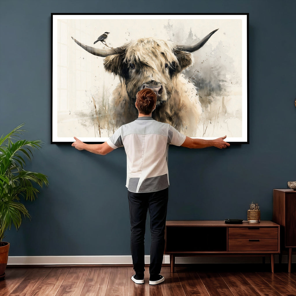 Abstract Highland Cow Wall Art Canvas Print, Rustic Farm Cattle Portrait