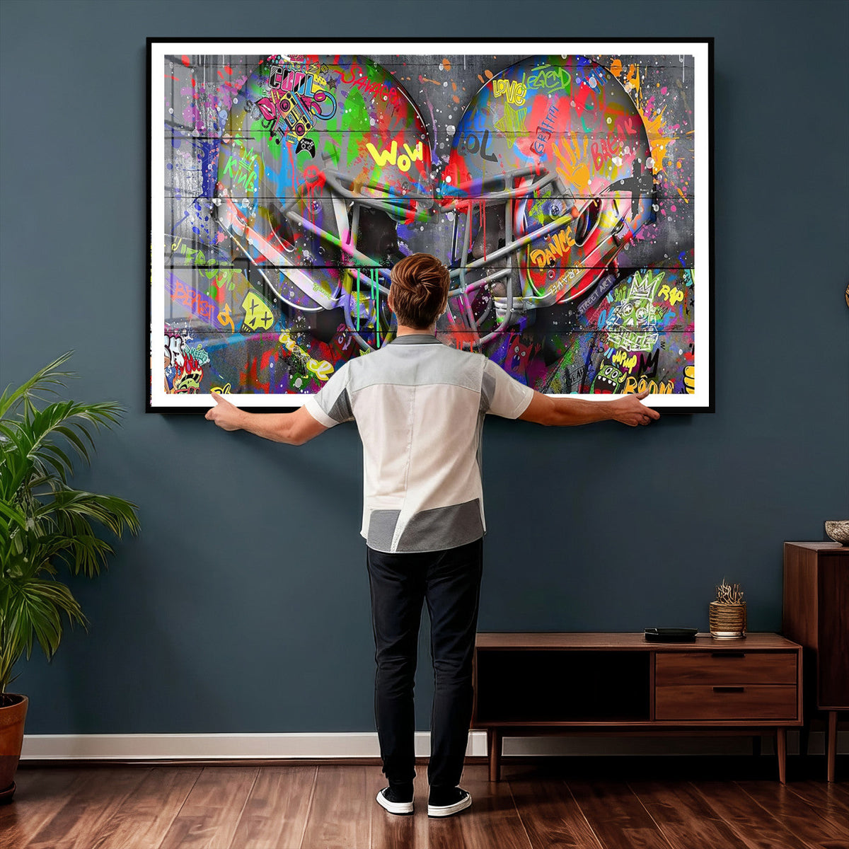 Graffiti Football Helmets Wall Art Canvas Print, Urban Street Art