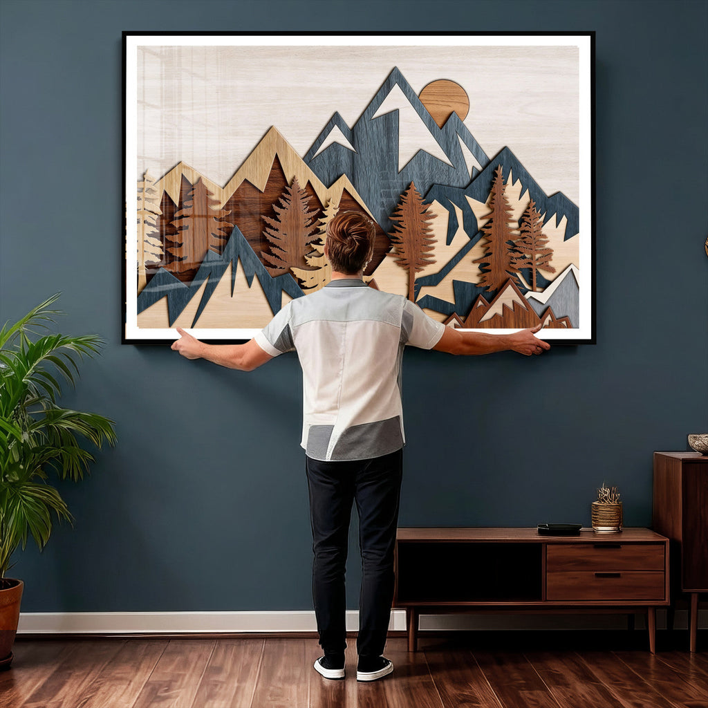 Layered Wooden Mountain Wall Art Canvas Print, Modern Rustic Forest and Pine Landscape
