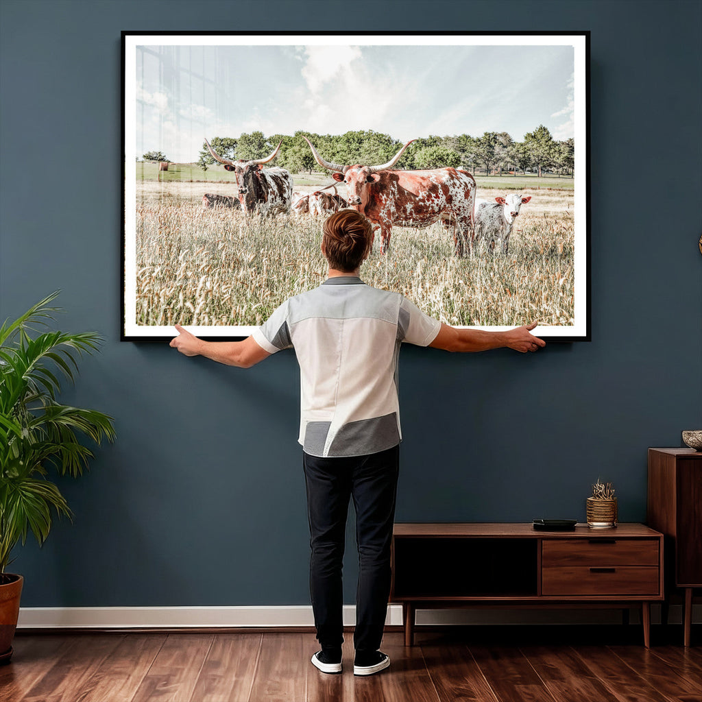 Texas Longhorn Cattle Wall Art Canvas Print, Western Ranch Landscape Decor