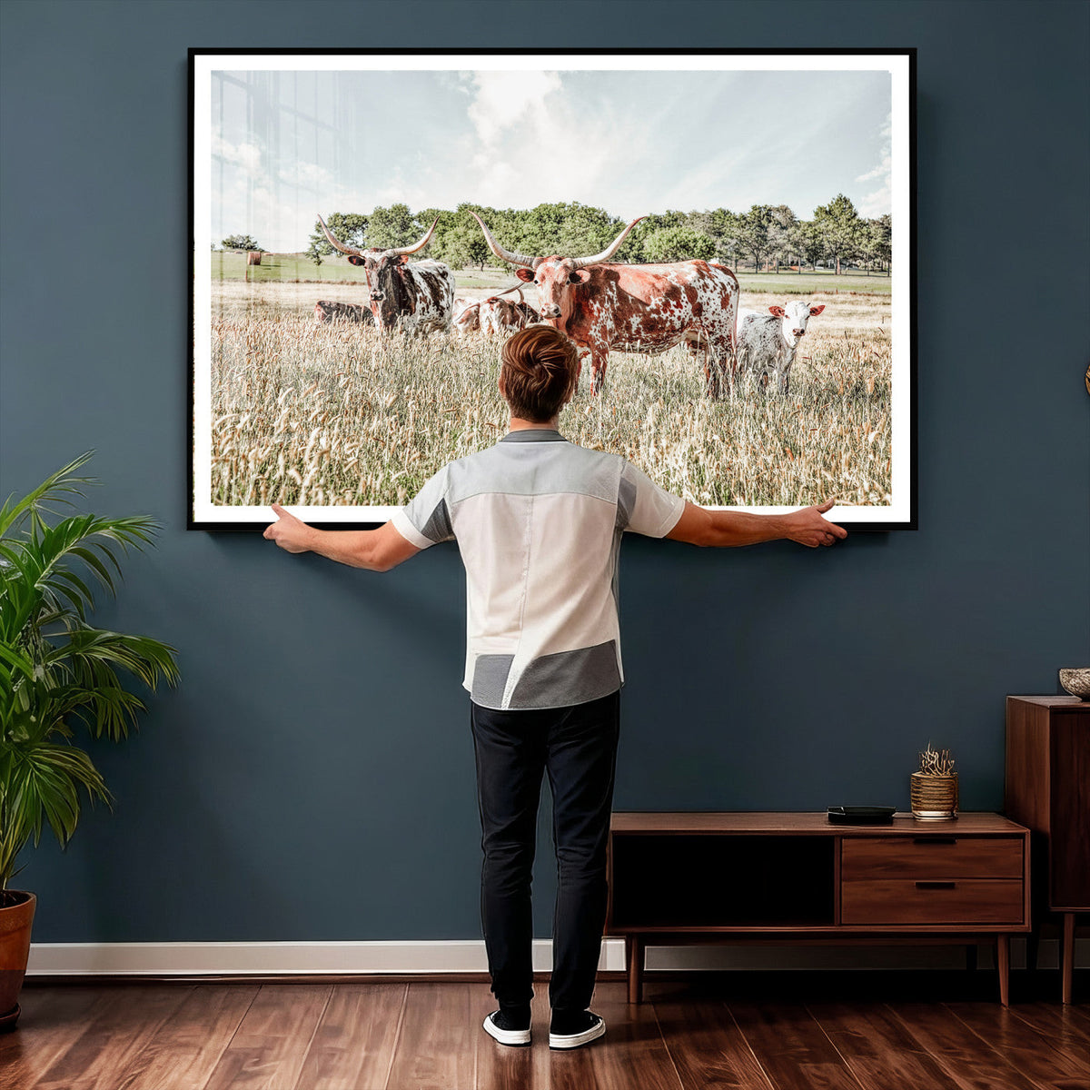 Texas Longhorn Cattle Wall Art Canvas Print, Western Ranch Landscape Decor