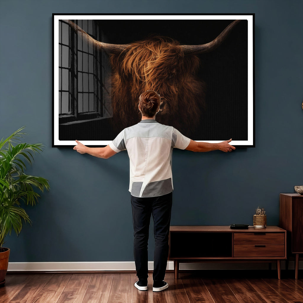 Highland Cow Wall Art Canvas Print | Moody Dark Rustic Farmhouse Portrait