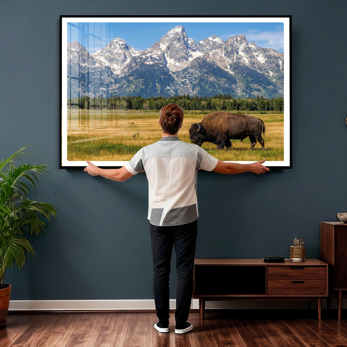 Bison in Mountain Landscape Wall Art Canvas Print, Western Decor