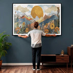 Boho Mountain Landscape Large Wall Art, Horizontal Gold Sun and Flowers Print