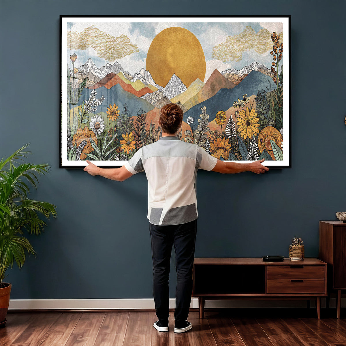 Boho Mountain Landscape Large Wall Art, Horizontal Gold Sun and Flowers Print