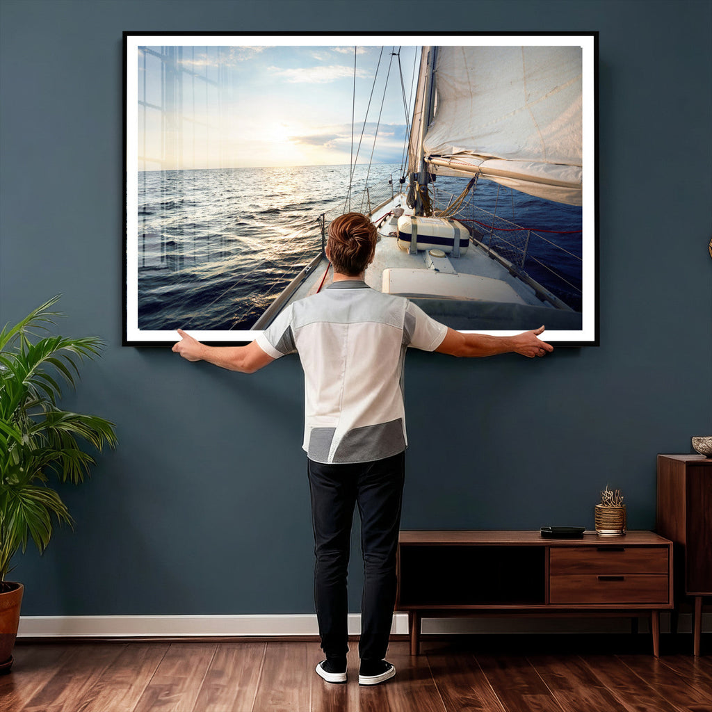 Sailboat Wall Art Canvas Print, Ocean Sunset Sailing Framed Artwork