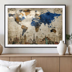 World Map Canvas Print | Vintage Blue and Gold World Map Wall Art