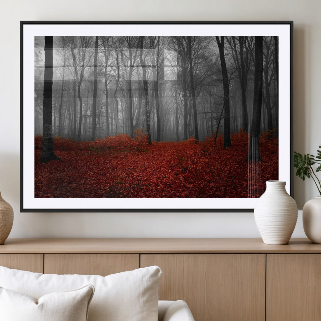 Red Forest Floor Canvas Wall Art | Mystical Foggy Woodland Triptych