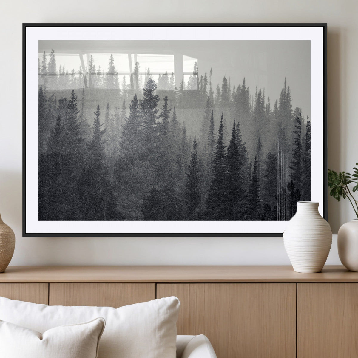 Misty Forest Canvas Wall Art | Monochrome Triptych Pine Tree Print
