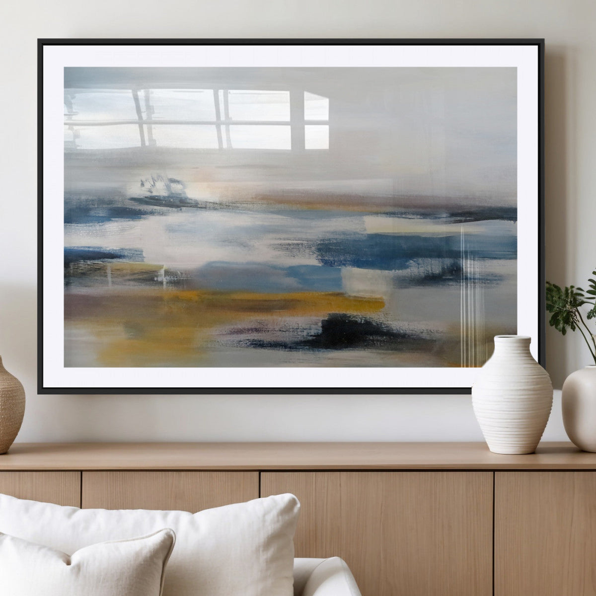 Abstract Landscape Wall Art Canvas | 3 Panel Modern Blue, Gold and White Canvas Art