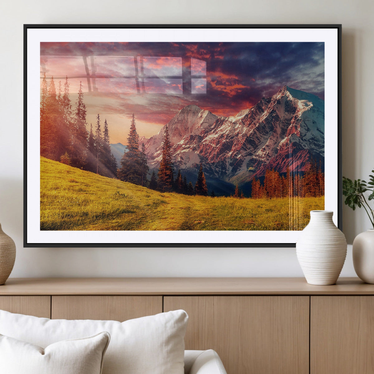 Mountain and Daylight Red Sunset Wall Art Canvas Print