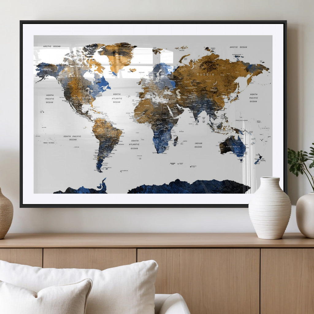 Modern Abstract World Map Canvas Wall Art | Framed Blue and Gold Map Print