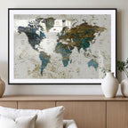 Vintage World Map Wall Art Canvas Print, Framed Rustic Earth Tone Map