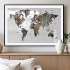 Modern Metallic World Map Canvas Wall Art | Framed Contemporary World Map Print
