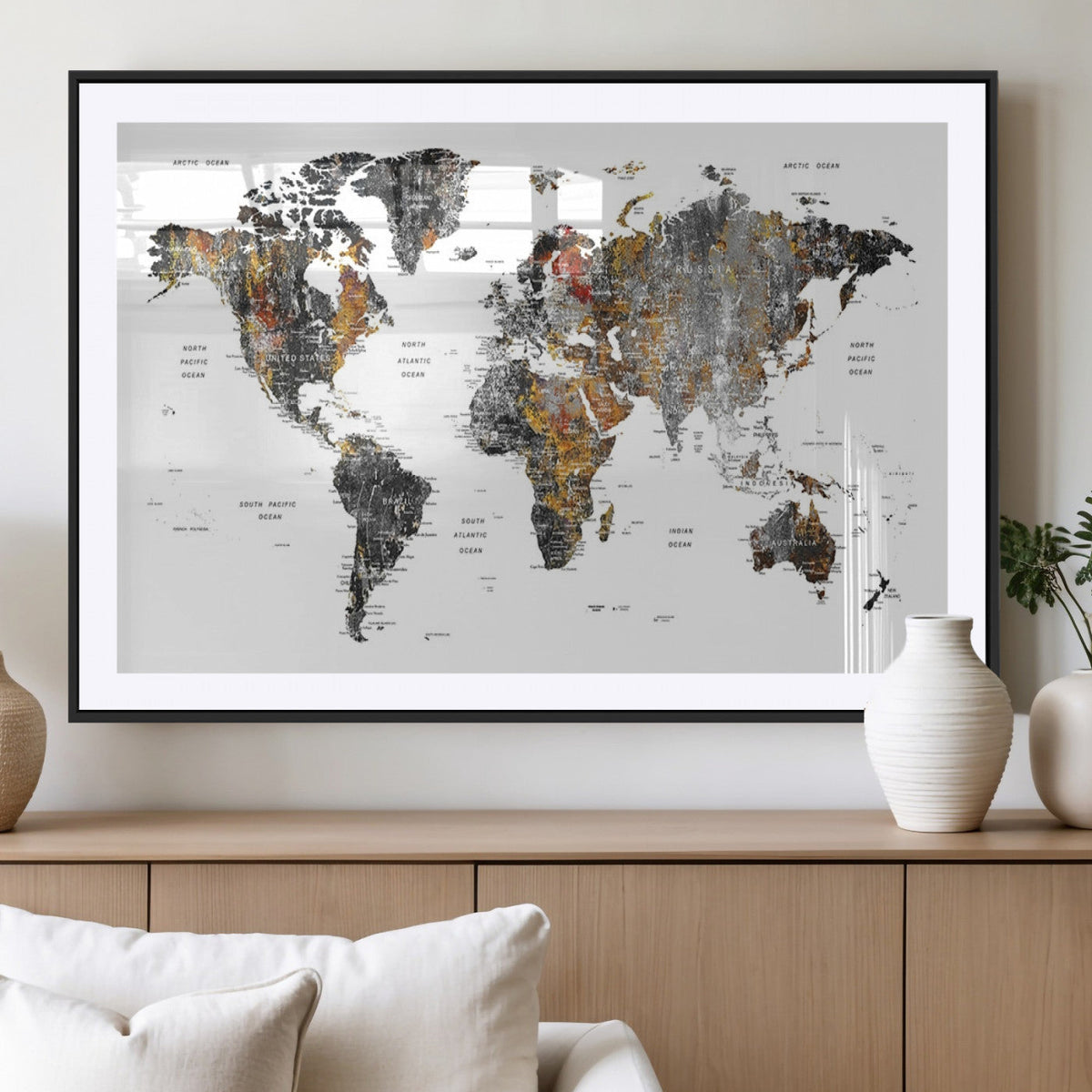 Modern Metallic World Map Canvas Wall Art | Framed Contemporary World Map Print