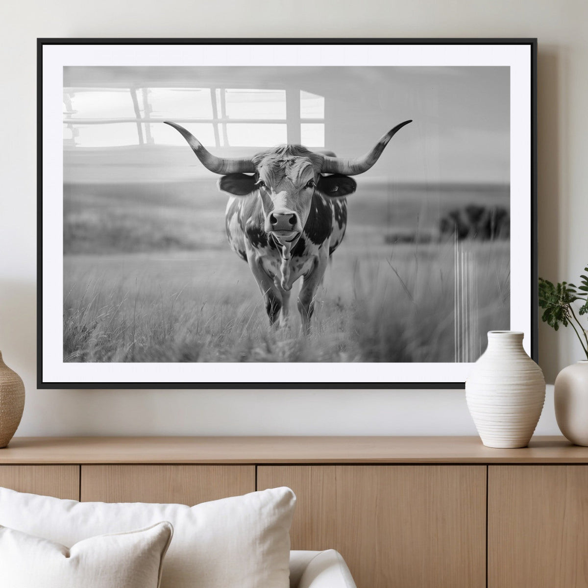 Texas Cow Longhorn Wall Art Canvas Print for Farm House Wall Art, Framed and Ready to Hang