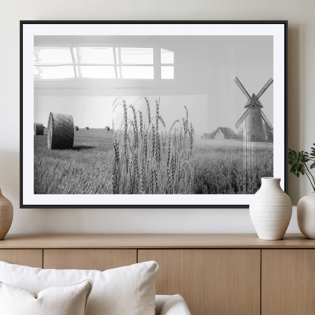 Vintage Farmhouse Black and White Triptych Wall Art, Giclee Canvas with Wheat Fields, Hay Bales and Windmill