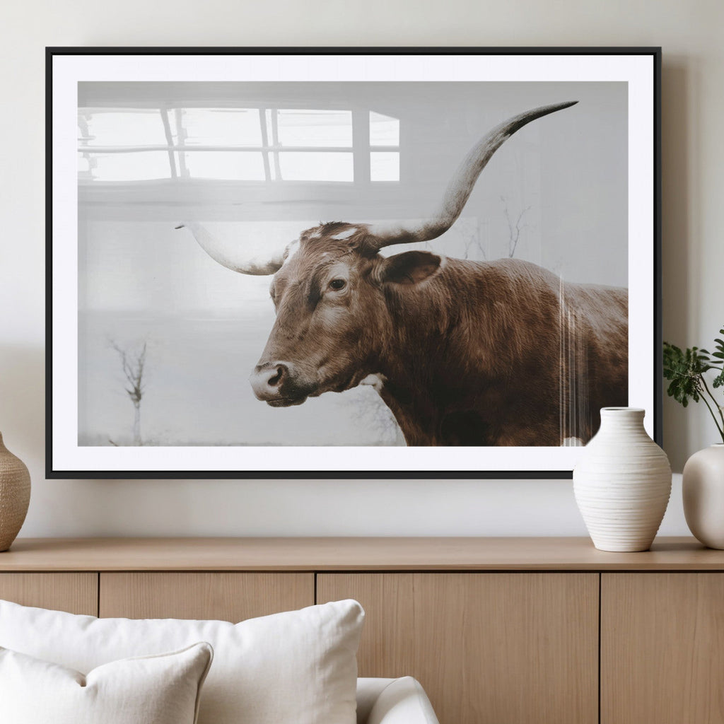 Rustic Bull Wall Art Canvas Print, Modern Longhorn Farmhouse Animal Decor