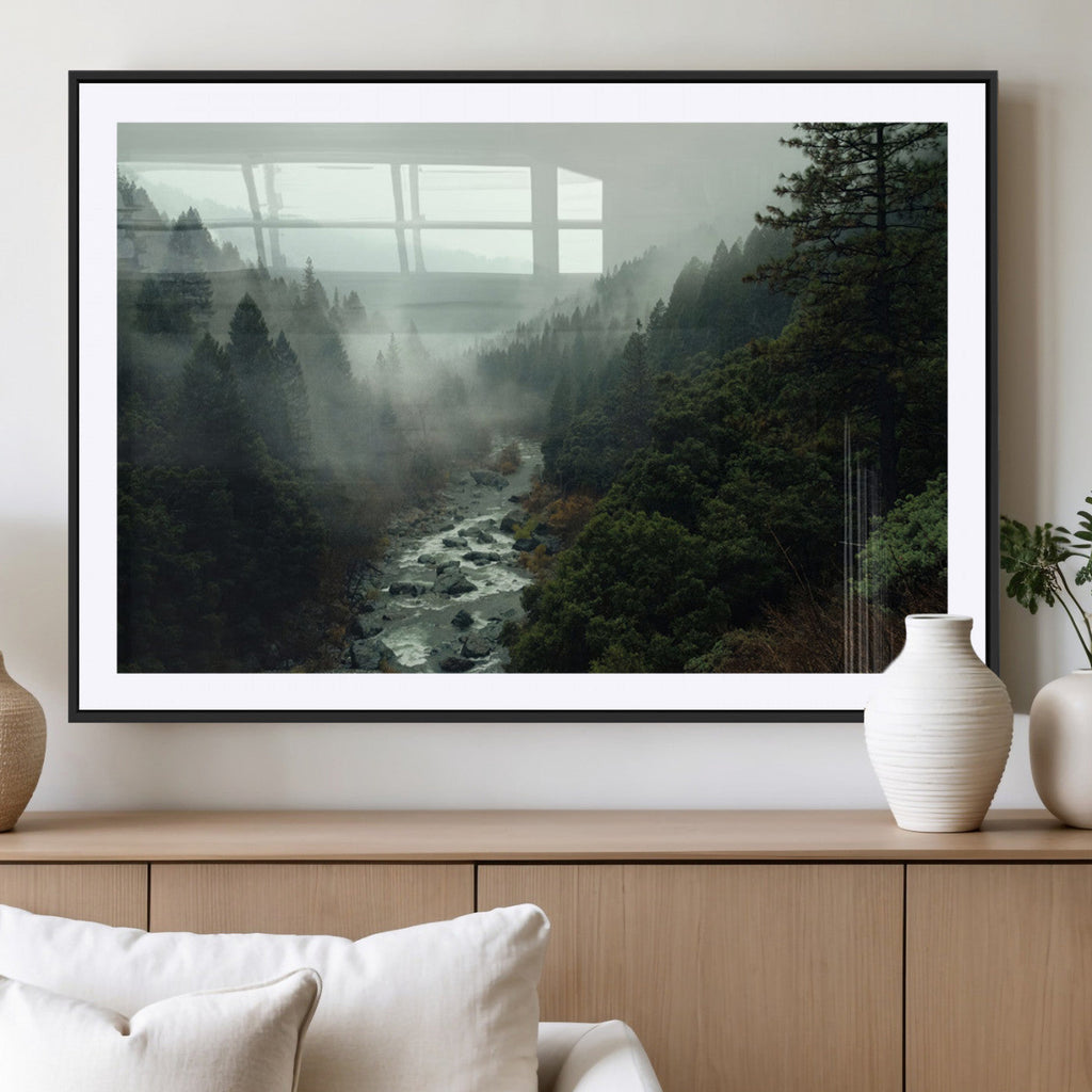 Misty Forest Wall Art, Tranquil Nature Landscape, Ready to Hang | Extra Large 3 Piece Canvas Wall Art