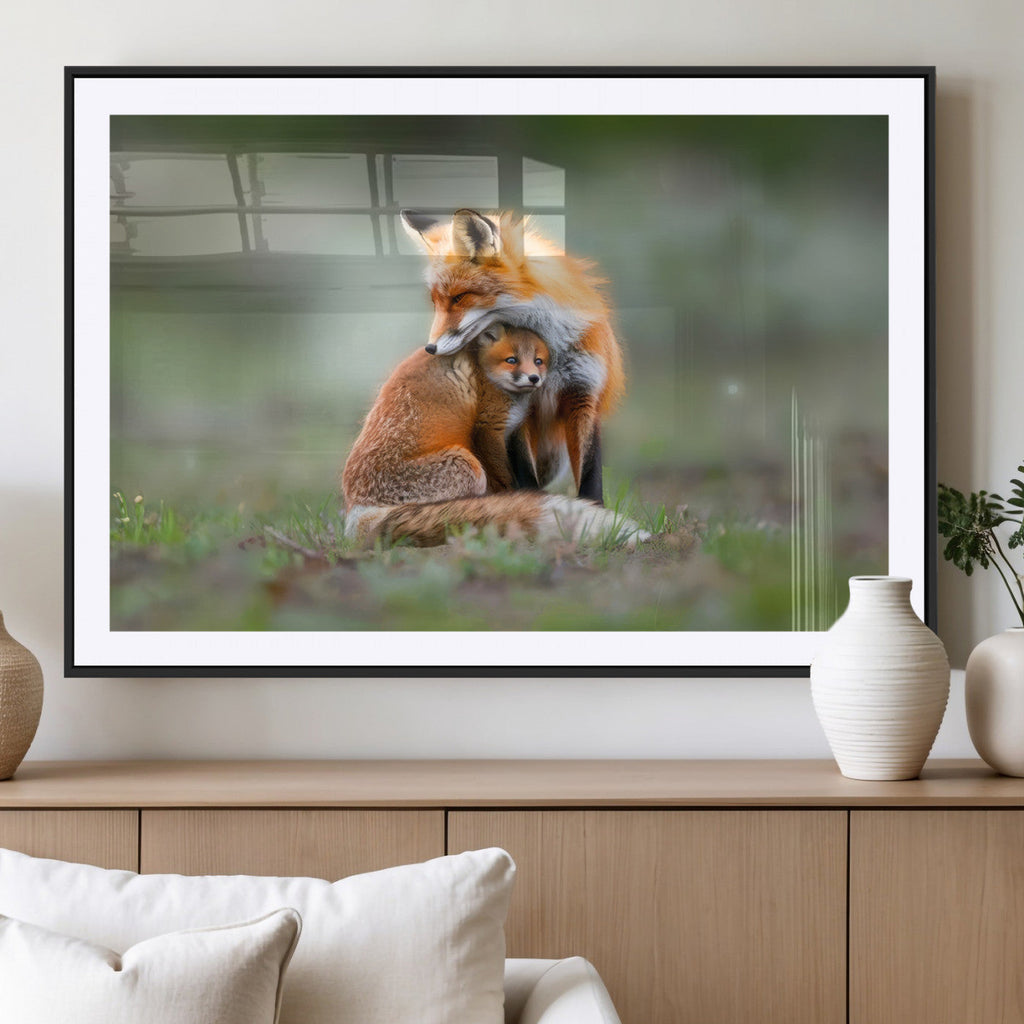 Heartwarming Fox and Baby Cub Wall Art | Canvas Print of Foxes in Nature