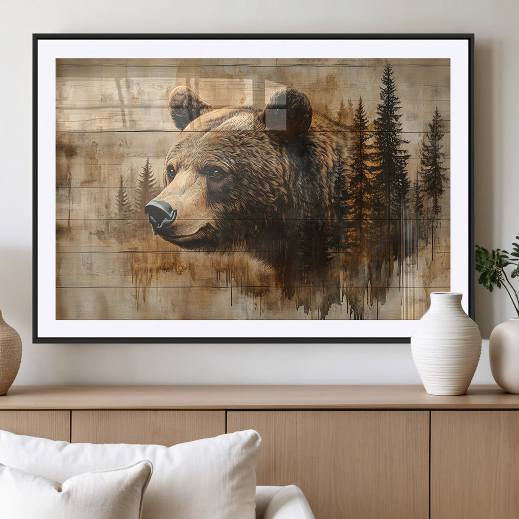 Rustic Grizzly Bear Wall Art, Abstract Grizzly 399 Bear Canvas Print, Woodland Wildlife