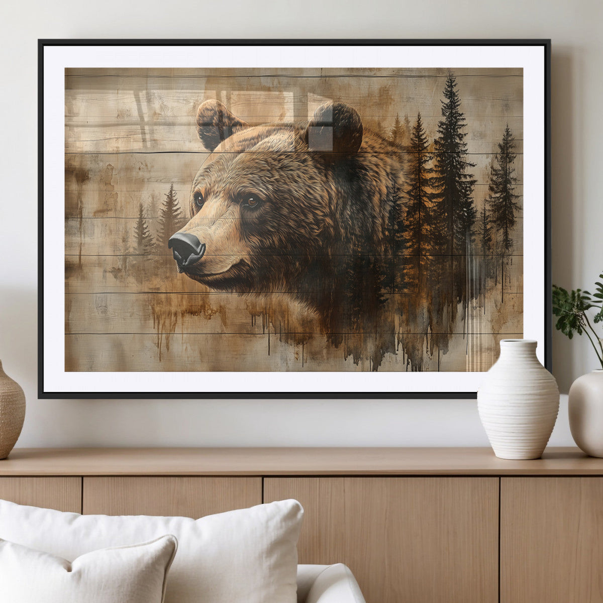 Rustic Grizzly Bear Wall Art, Abstract Grizzly 399 Bear Canvas Print, Woodland Wildlife