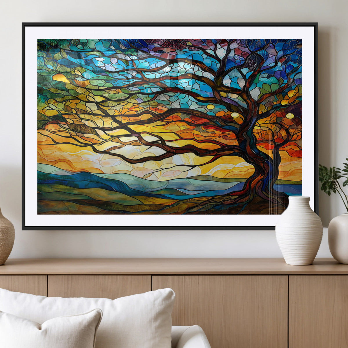 Vibrant Mosaic Tree of Life Wall Art, Stained Glass Style Canvas Print