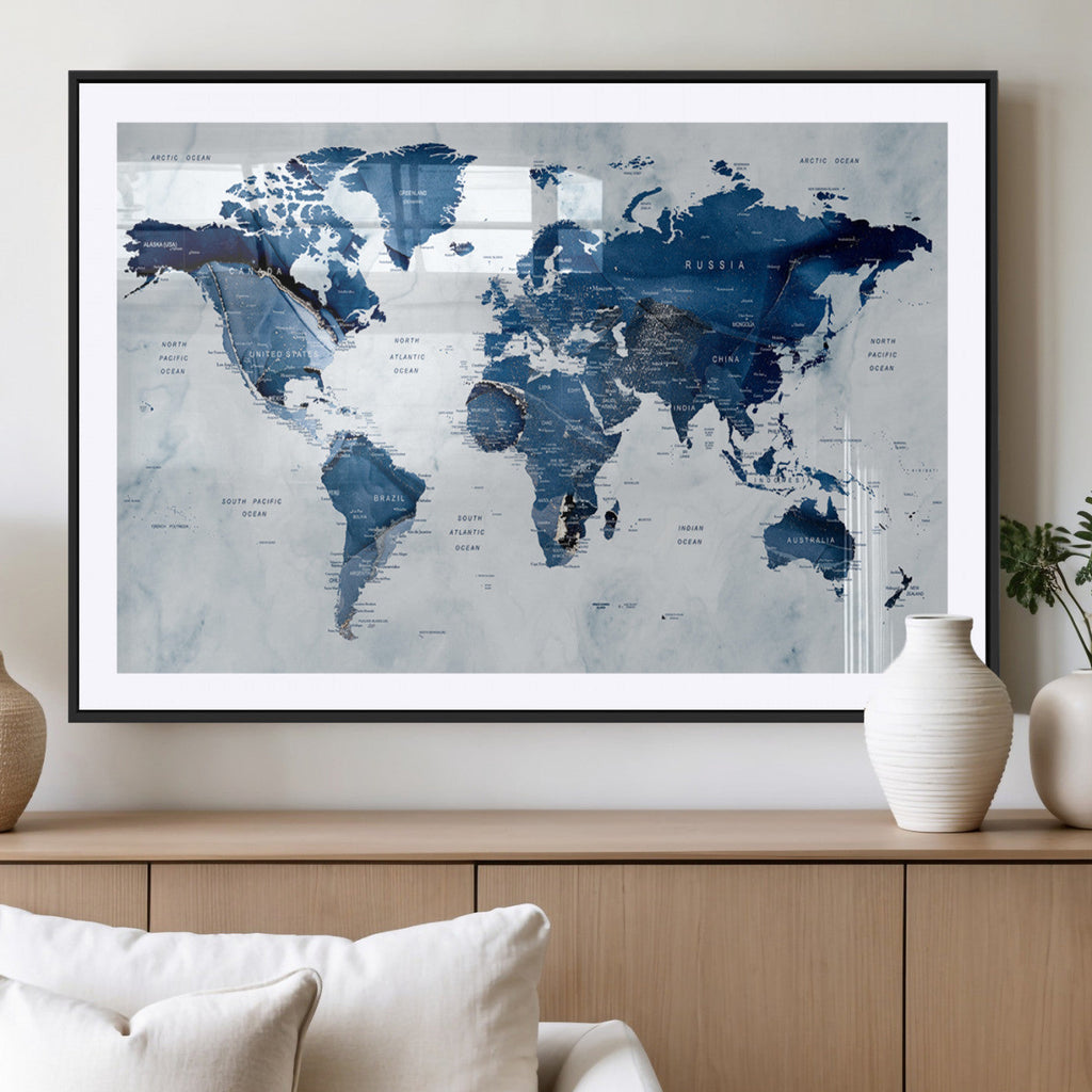 Modern Blue World Map Canvas Print | Elegant Travel Map Wall Art for Home Office