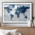 Modern Blue World Map Canvas Print | Elegant Travel Map Wall Art for Home Office