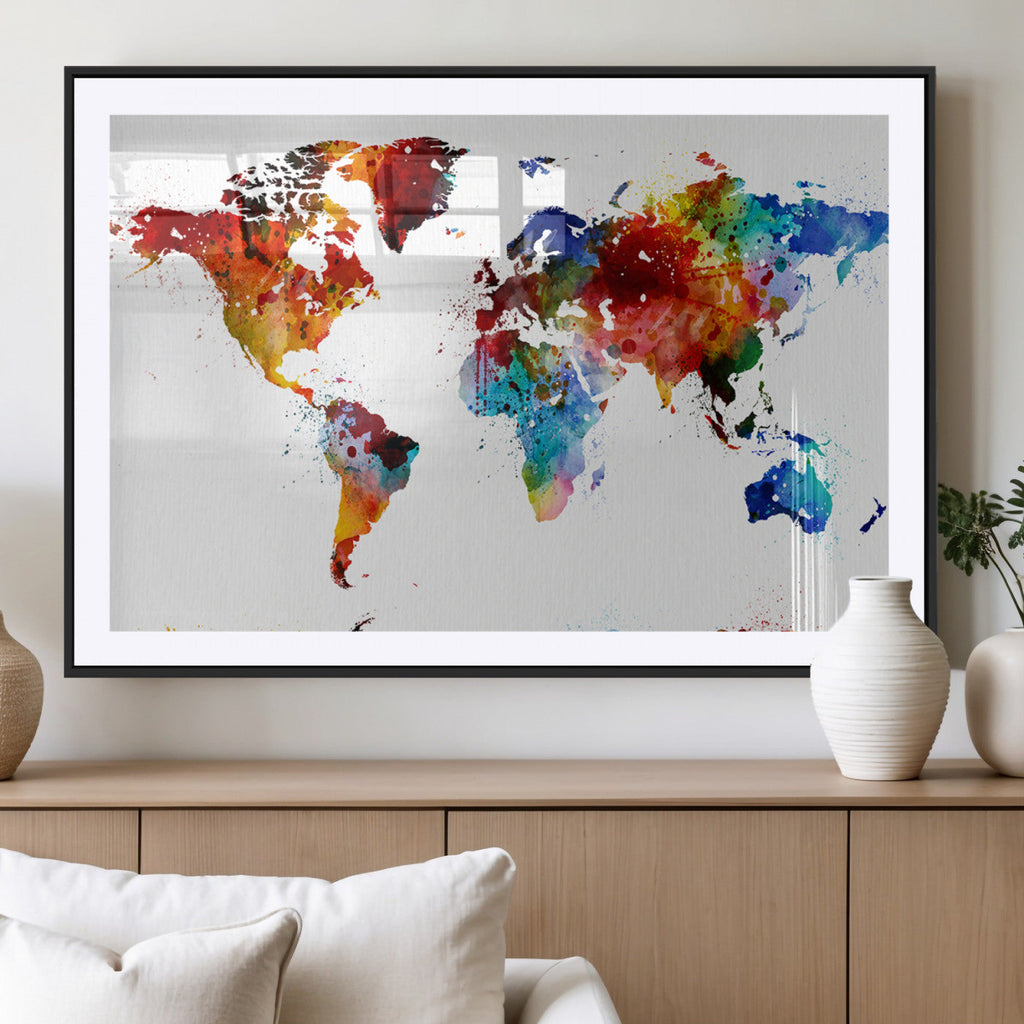 Colorful World Map Canvas Wall Art Print, Contemporary Global Map Artwork