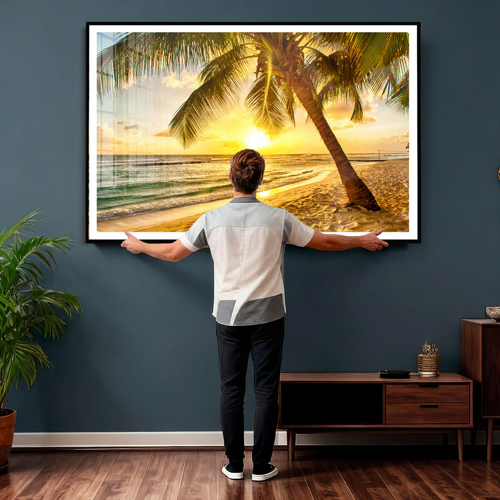Beach Sunset Canvas Wall Art Print - Tropical Beach Canvas With Palm Trees