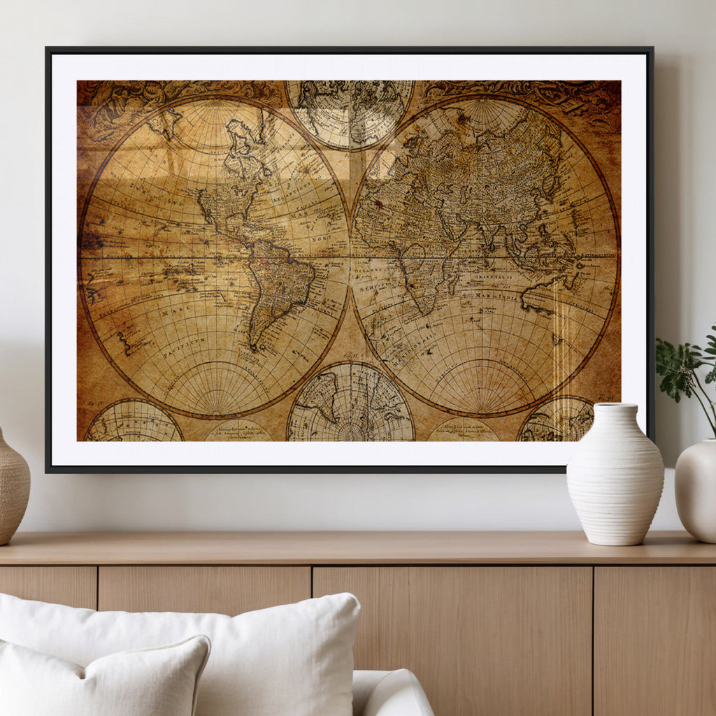 Vintage World Map Canvas Print | Antique Push Pin Travel Map