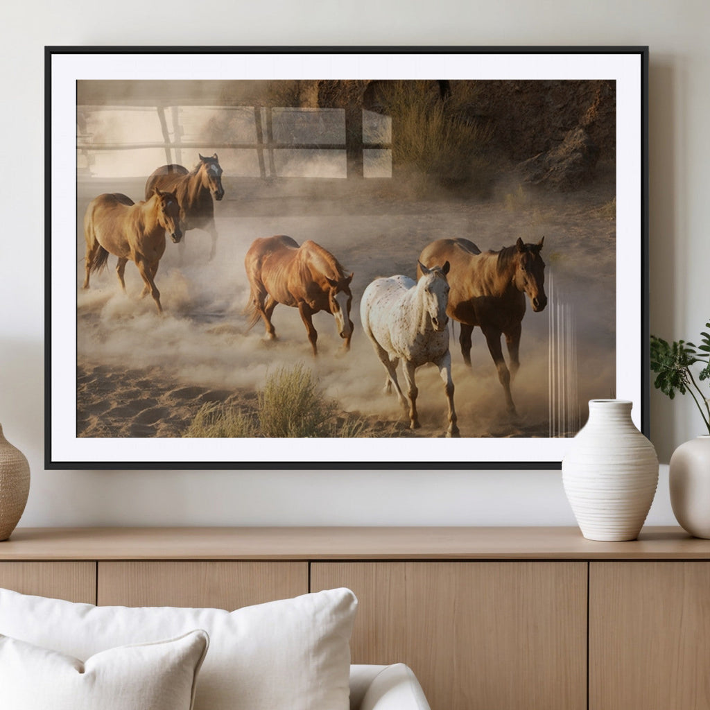 Large Wall Art 5 Horses Running on Sand Canvas Print