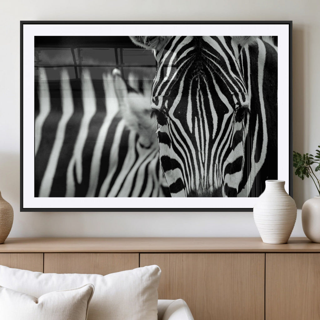 Zebra Wall Art | Zebra Close Up Canvas Print | Framed Black and White Wildlife