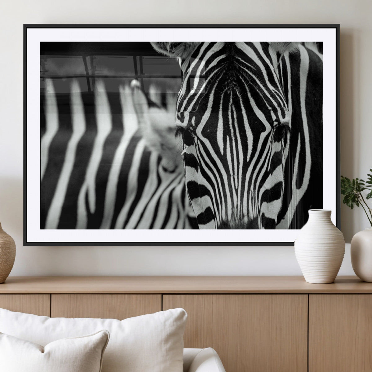 Zebra Wall Art | Zebra Close Up Canvas Print | Framed Black and White Wildlife