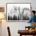Forest Wall Art Print | Foggy Pine Forest Canvas Wall Art, Black and White Nature Decor
