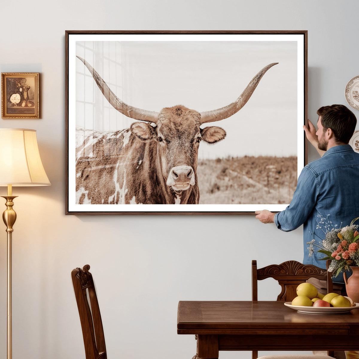 Longhorn Cow Wall Art Canvas Print, Framed Texas Ranch Print, Western Bull Art, Cowboy Decor