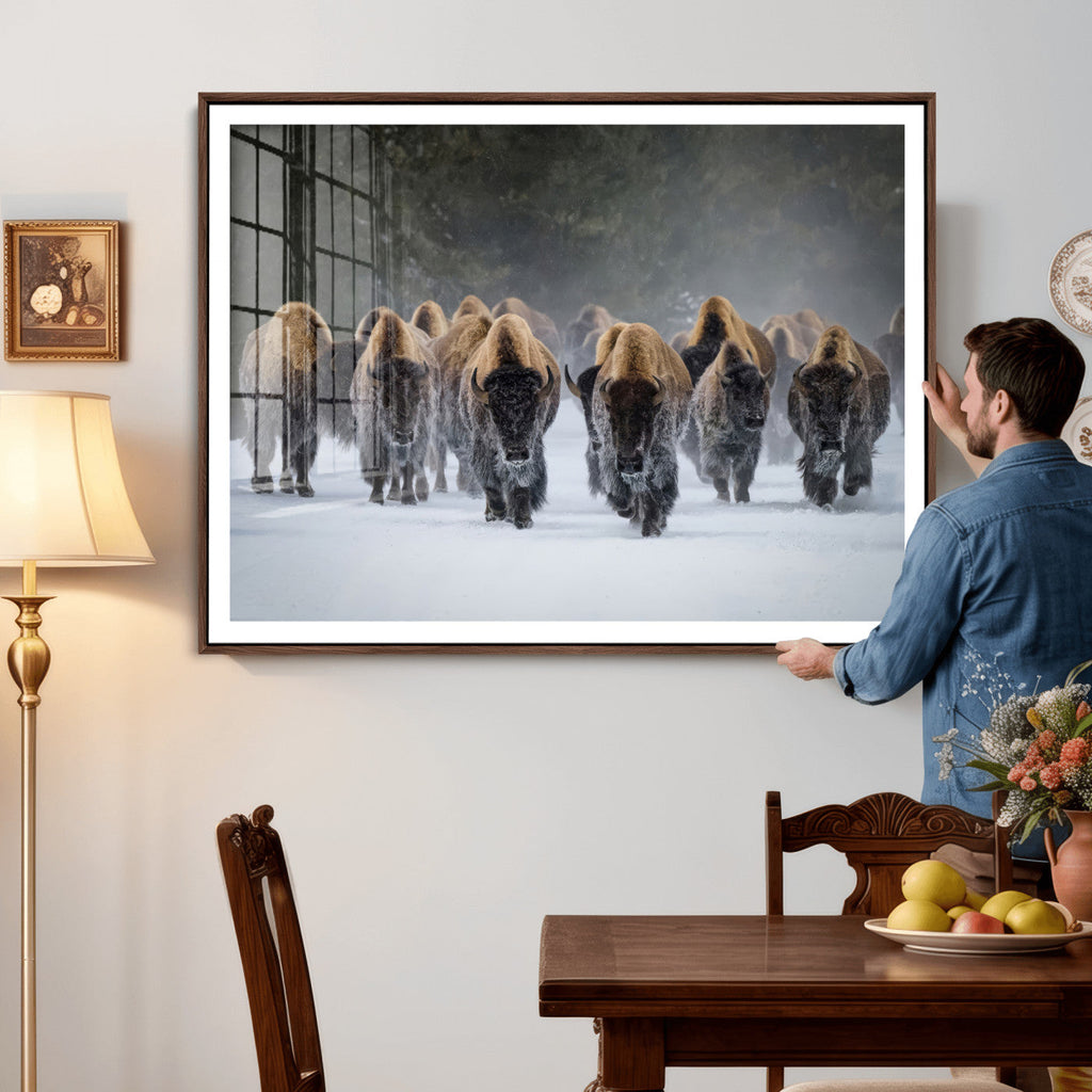 Bison Herd Wall Art Canvas Print, Framed Rustic Wildlife Decor, Snowy Bison Landscape