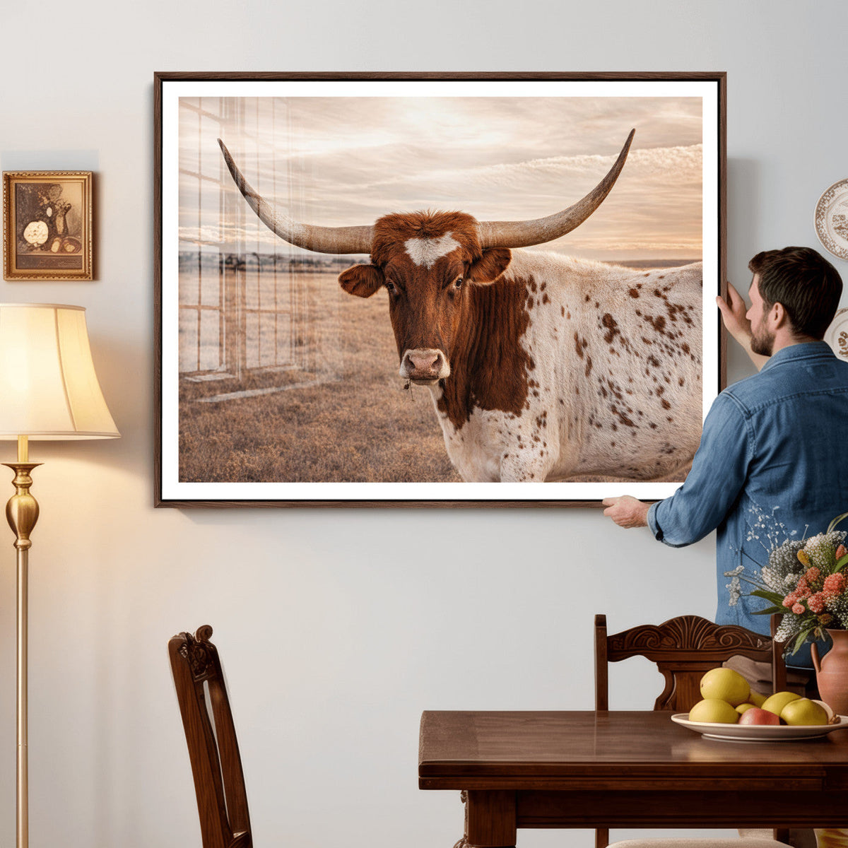 Texas Longhorn Cow Canvas Wall Art, Majestic Bull on a Rustic Western Farm