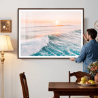 Sunset Surfing Wall Art Canvas Print, Ocean Wave Surfer with Golden Sky