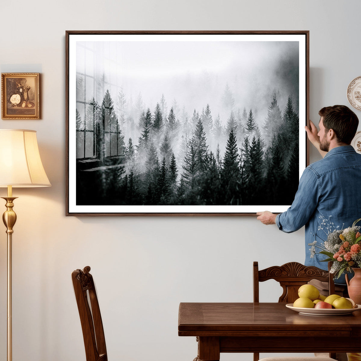 Foggy Forest Wall Art Canvas Print, Mountain Woodland Landscape, Minimal Nature Decor
