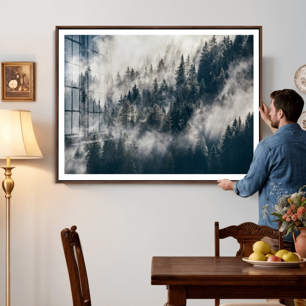 Foggy Mountain Forest Canvas Print, Misty Pine Trees Nature Wall Art