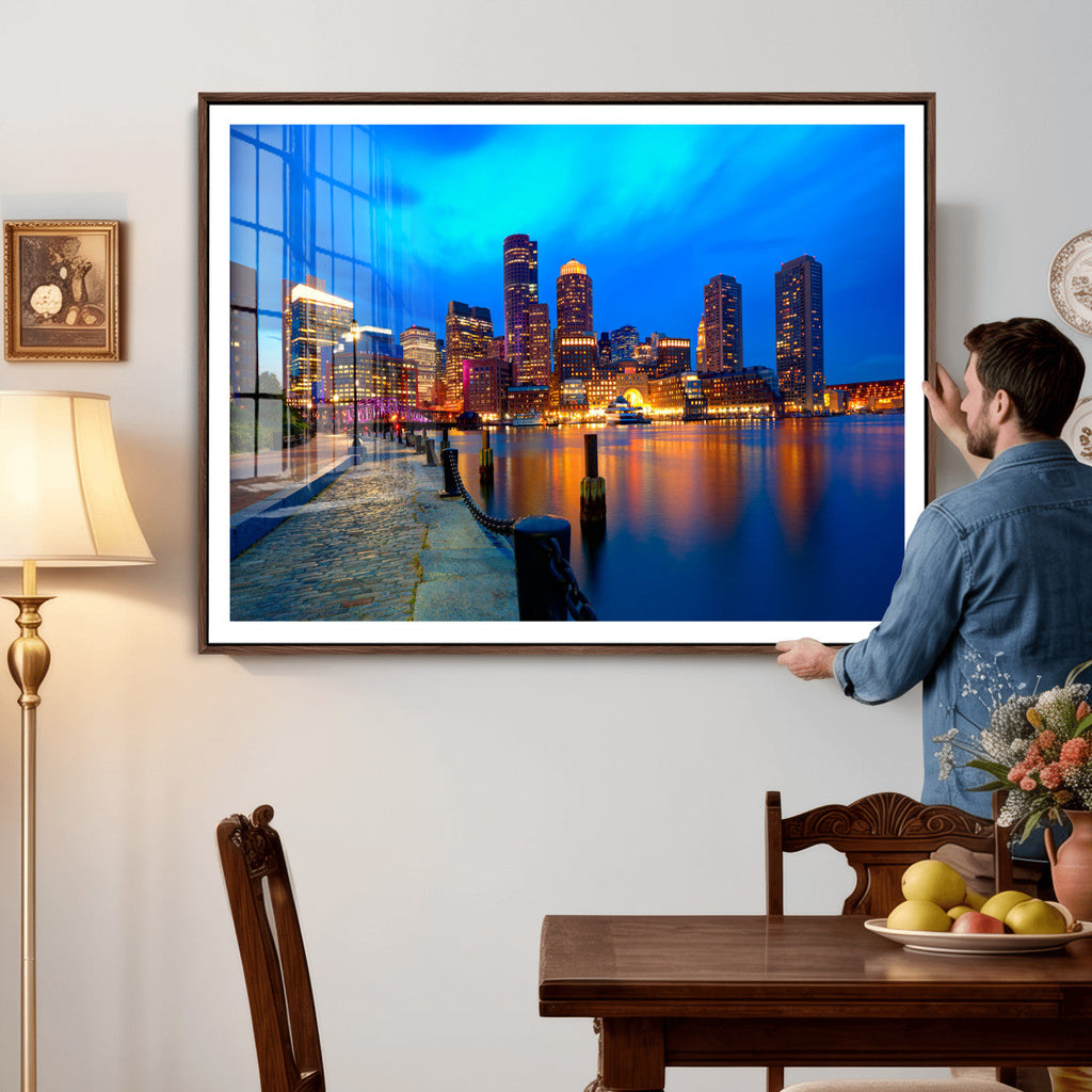 Boston Wall Art Canvas Print, Boston City Downtown Night Cityscape